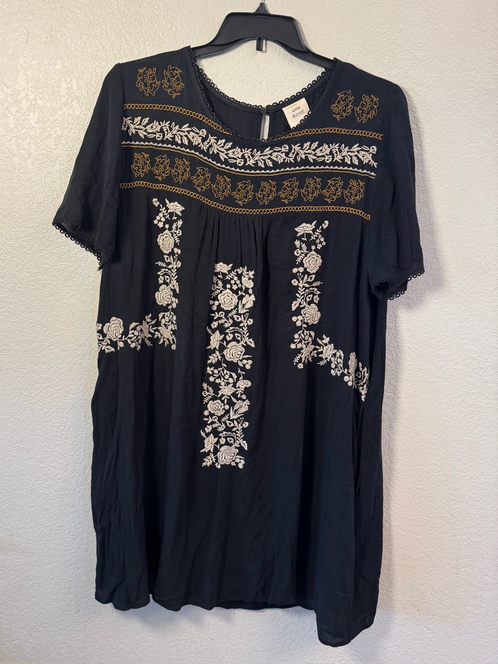 Knox Rose Embroidered Boho Mini Dress Black Short Sleeve M /L